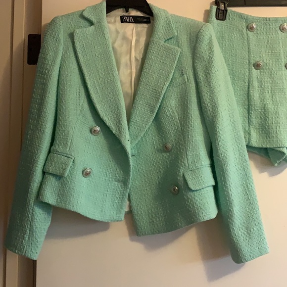 Zara Mint Green / Blue Tweed Blazer and Skort Set - Picture 5 of 9
